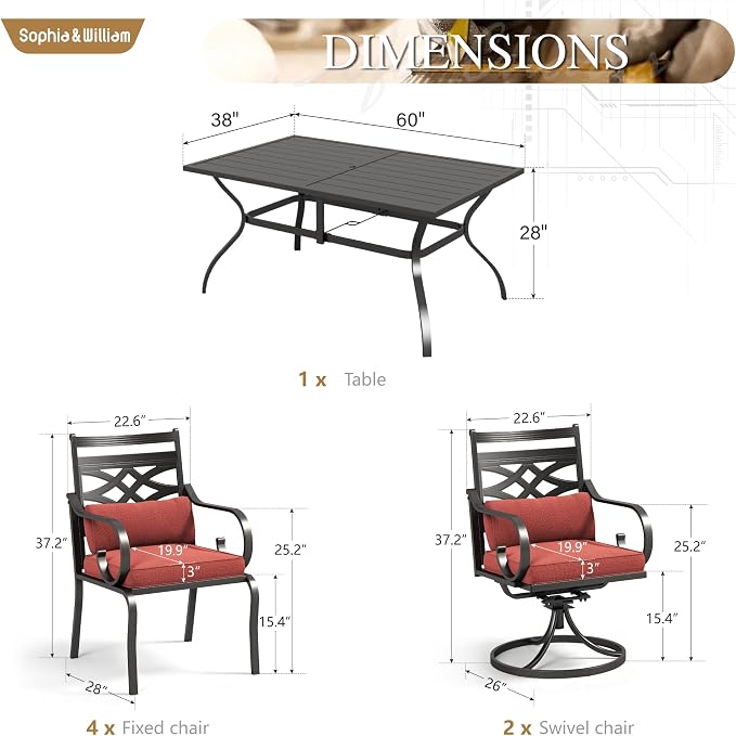 Sophia & William 7-Pieces Patio Dining Set Umbrella Swivel Chairs 60" Red | Fixed Chairs, Umbrella Hole, Removable Cushions, Metal Frame, Cushions