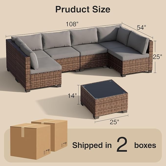 7 Pieces Wicker Patio Conversation Set Grey Outdoor Sectional Rattan Sofa Set Patio Furniture Sets with Cushions and Glass Coffee Table for Balcony Porch Garden