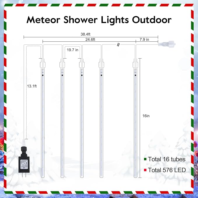 Brightown Meteor Shower Lights Outdoor, 16 Inches 16 Tubes 576 LED Icicle Lights, Waterproof Meteor Christmas Light Outdoor, Hanging Falling Rain Light for Tree Holiday Party Christmas, Warm White