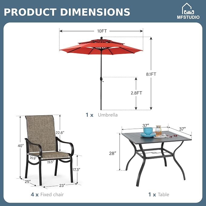 MFSTUDIO Outdoor Dining Set with Umbrella, Patio Dining Set for 4 Persons, Patio Furniture Set with Square Table & Textilene Chairs & Orange Red Umbrella (Base not Included)