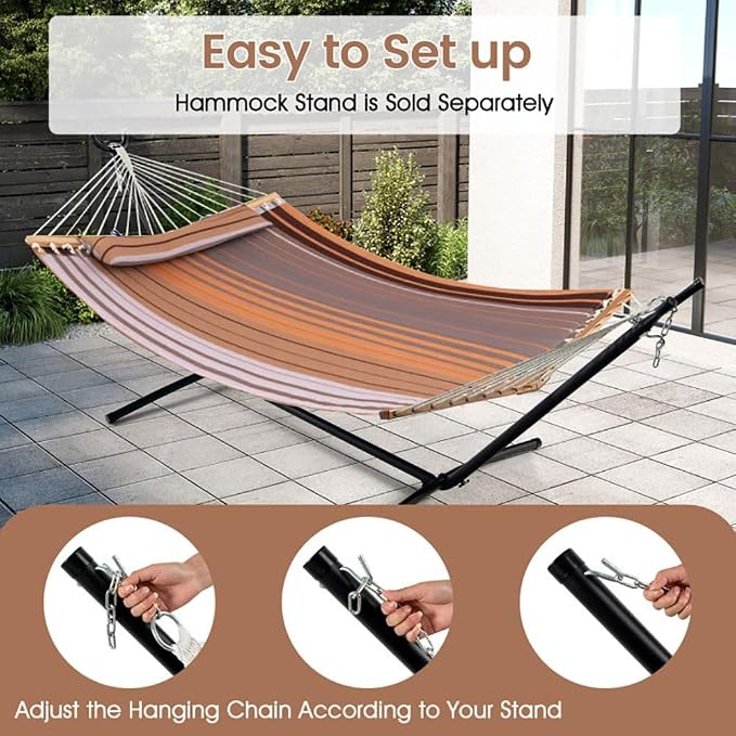 Portable Brown Beech Wood Foldable Hammock with Detachable Pillow for Patio/Balcony 55.5x75in, 265lb Capacity Stylish