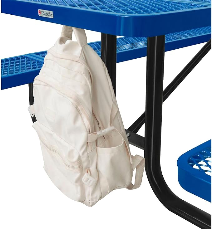 Global Industrial 8’L Rectangular Picnic Table, Expanded Metal, Blue Thermoplastic Coating, Attached Benches, 1-1/2” Umbrella Pole Hole, Outdoor-Rated, 1000 lb Capacity, 96” x 30” Tabletop