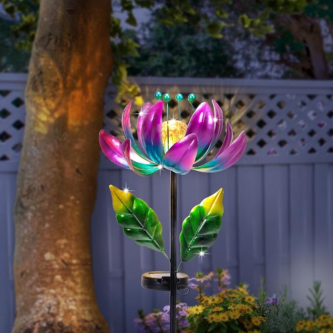 AIINY Solar Purple Metal Flower Wind Spinners, Colorful Spinning Windmill Lotus Yard Art Lights Wind Pinwheels with LED Crystal Ball Decorative Stake Lighting Flower Sculpture