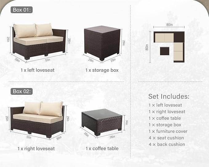 4 Pieces Outdoor Sectional Conversation Sofa Set Khaki Wicker Patio Furniture Set with Storage Box and Glass Table with Cushions and Furniture Covers