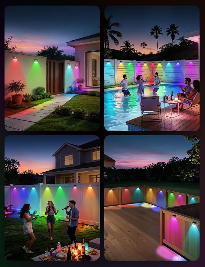 Solar Fence Lights Outdoor, 4 Pack Color Changing Fence Lights Solar Powered with 9 RGB Colors & 11 Lighting Modes, IP65 Waterproof Dusk to Dawn Fence Lights for Patio, Deck, Wall, Backyard