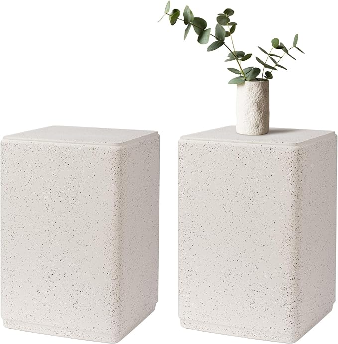 HOMPUS Outdoor Side Table Rectangular, Concrete Lightweight MgO End Table, Patio Accent Coffee Table Garden Tool for Patio, Porch and Deck, Spotted White
