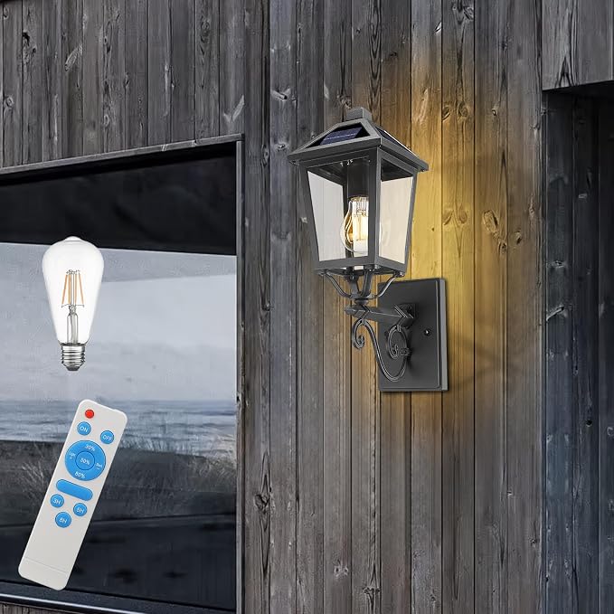 Solar Outdoor Wall Light, 17'' Vintage Lantern-Style Sconce with Remote Control, Alluminum Matte Black Weatherproof Exterior Lighting Front Porch Lights for House Garage Doorway Patio