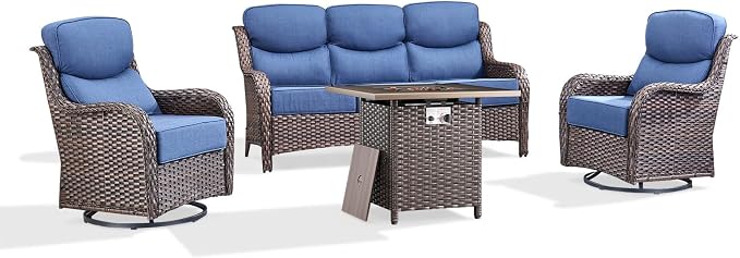 Luxury Patio Furniture Set with 6-inch Thick Cushion, Outdoor Furniture with Fire Pit Table, Swivel Chairs, Sofa, 4pcs Wicker Conversation Set for Deck Yard and Poolside(Brown Wicker | Blue Cushion)