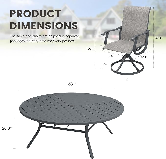 Outdoor Dining Set for 8, 63.1" Metal Round Outdoor Dining Table with Umbrella Hole and Sling Patio Swivel Chairs, 9 Pieces Patio Table and Chairs Set for Garden Backyard, Grey and Dark Grey