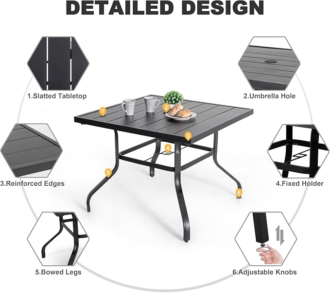 NUU GARDEN 5-Piece Breathable Textilene Outdoor Dining Set, Slatted Outdoor Table and Chairs with Swivel Base, All Weather Patio Furniture Set with Umbrella Hole for Backyard, Garden, Blue