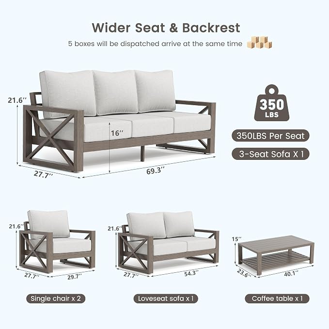 UDPATIO Aluminum Patio Furniture Set, Faux Wood Grain Modern Outdoor Furniture, 6" Cushions Metal Patio Conversation Sofa with Coffee Table for Poolside Deck, 8 PCS, Beige(Include 600D Covers)