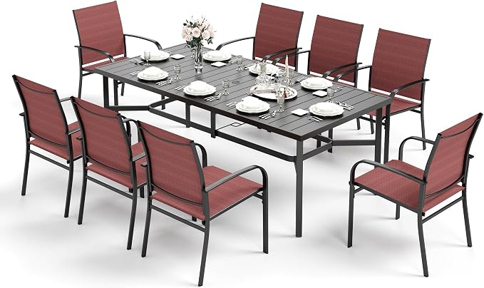 HERA'S HOUSE 9pc Outdoor Patio Dining Set for 8, Textilene Chairs, Red | 83" Rectangular Metal Table with umbrella hole. Waterproof, rust-resistant, all-weather for backyard, porch