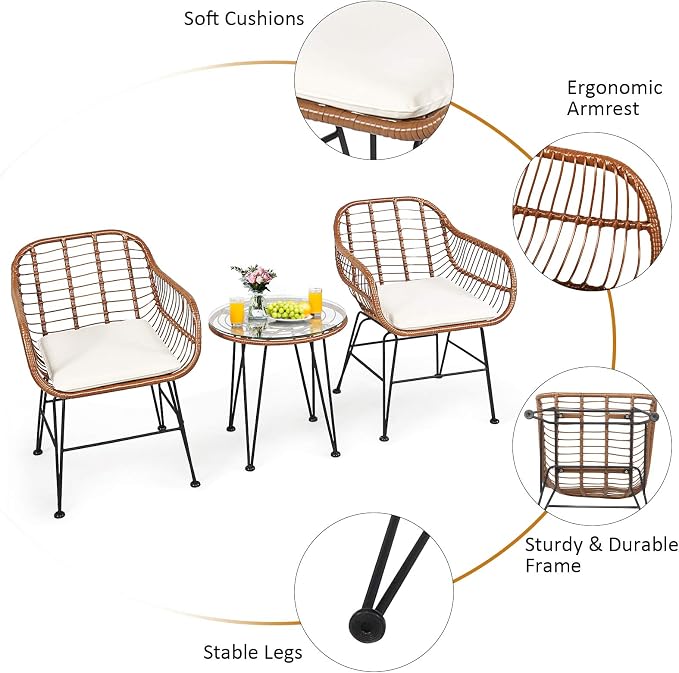 COSTWAY 3 Pieces Patio Bistro Set, Outdoor Rattan Conversation Seating Chair Set with Coffee Table & Soft Cushions, Indoor Wicker Furniture Set for Garden, Balcony, Porch, Pool,Beige