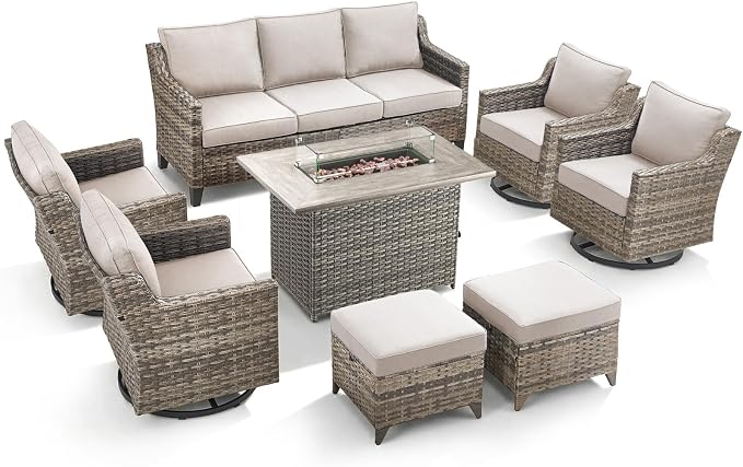 Patio Furniture Set with 42.5" Fire Pit Table-8 Pieces All Weather Wicker Outdoor Furniture with High Back Swivel Patio Chairs Set of 4 Outdoor Patio Conversation for Deck Garden Beige/Gray