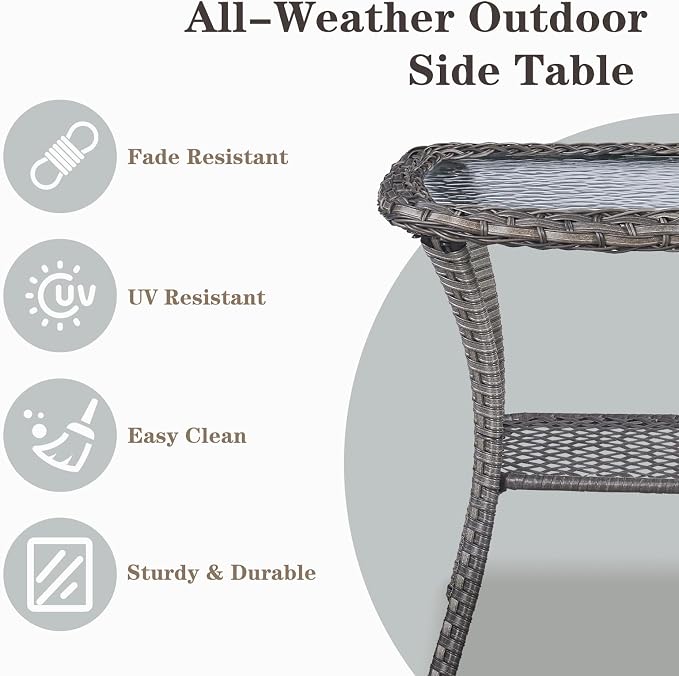 Small Outdoor Side Table - 50 LBS Weight Capacity Wicker Side Table with Storage, Tempered Glass Top Patio Side Table for Porch Balcony Deck Garden - Grey