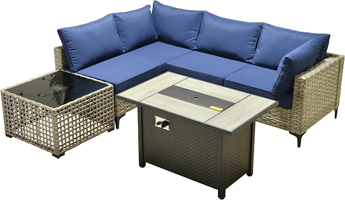 Outdoor Patio Furniture Sets,6 PCS Patio Conversation Set Outside Rattan Sectional Sofa with 42 in Fire Pit Table&Coffee Table Fit Backyard Porch Garden Poolside Balcony