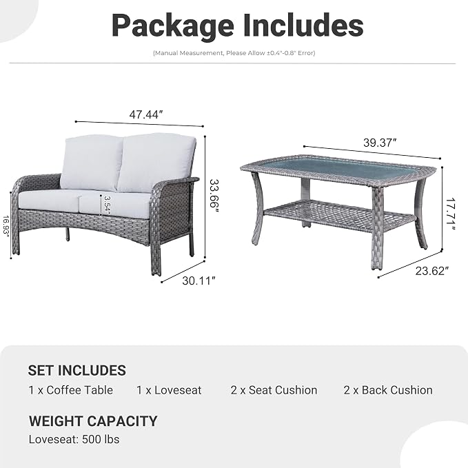 ovios 2-Piece Patio Furniture Set, Outdoor Wicker Sofa with Coffee Table, High Back Rattan Couch Loveseat with Comfy Cushions for Porch Yard Deck, Grey