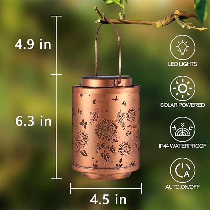 Solar Outdoor Lanterns Garden Decor LED Light Hanging Waterproof | Butterflies Solar Metal Lantern Gifts for Women Mon Grandma Sunflower Solar Lights Outdoor Decoration for Yard
