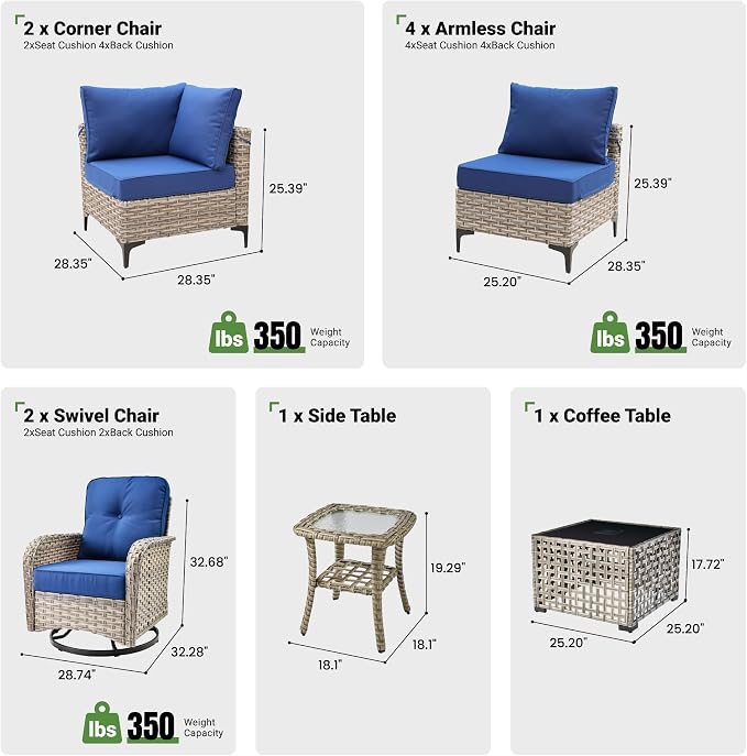 10 Piece Outdoor Patio Furniture with Swivel Rocking Chair, Rattan Wicker Conversation Set with Glowing Coffee Table, Sectional Single Chairs for Porch Balcony Backyard Pool,Blue