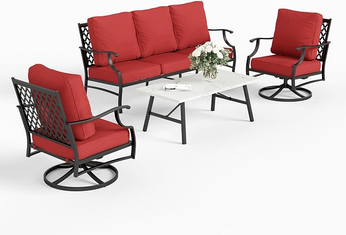 SUNSHINE VALLEY 4 Piece Metal Outdoor Patio Furniture Sets, Patio Conversation Sets 1 3-seater Sofa, 2 Swivel Chair with 5.75" Extra Thick Cushion and Coffee Table, Black Frame Backyard Furniture, Red