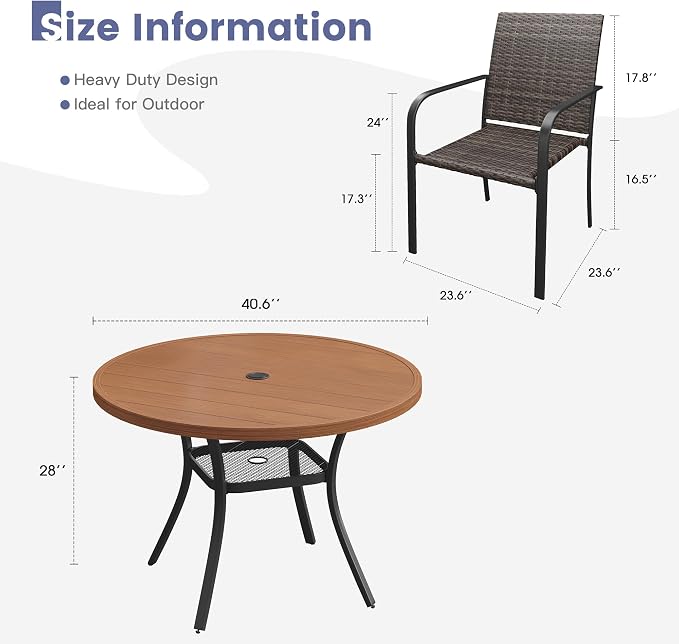 VICLLAX 5 Pieces Patio Dining Set, 4 Stakable Wicker Outdoor Chairs and 40.6" Patio Round Metal Table with Umbrella Hole for Backyard Lawn Deck, Walnut Tabletop