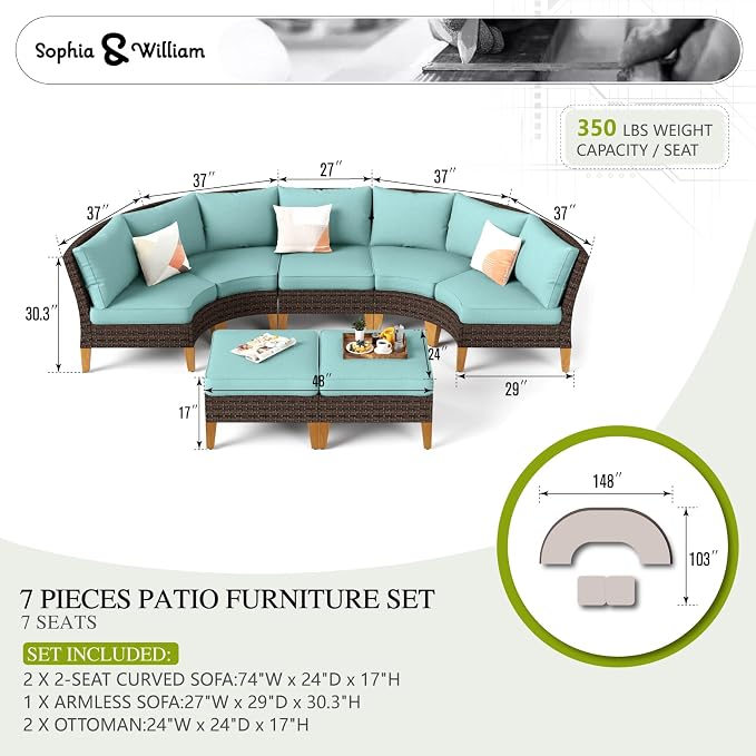 Sophia & William Outdoor Wicker Sectional Sofa Set, 7 Piece Half Moon Curved Patio Furniture Modern Round Outdoor Couch Conversation Set with Ottoman for Backyard, Pool, Garden(Aqua Blue)