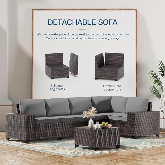8 PCS Outdoor Patio Furniture Set,Outdoor Sectional Furniture All Weather PE Rattan Wicker Patio Conversation Set with 2 Ottomans and Coffee Table,Grey