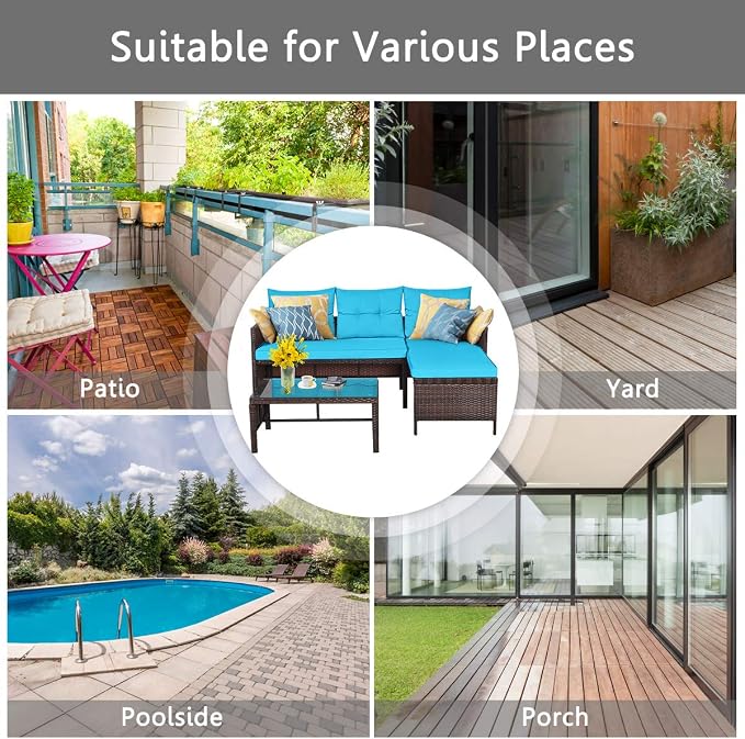 DORTALA Wicker Patio Furniture Set Couch 3 Piece, L-Shaped PE Rattan Outdoor Sectional Sofa Conversation Set with Loveseat, Lounge and Tempered Glass Coffee Table for Garden Lawn Deck, Turquoise