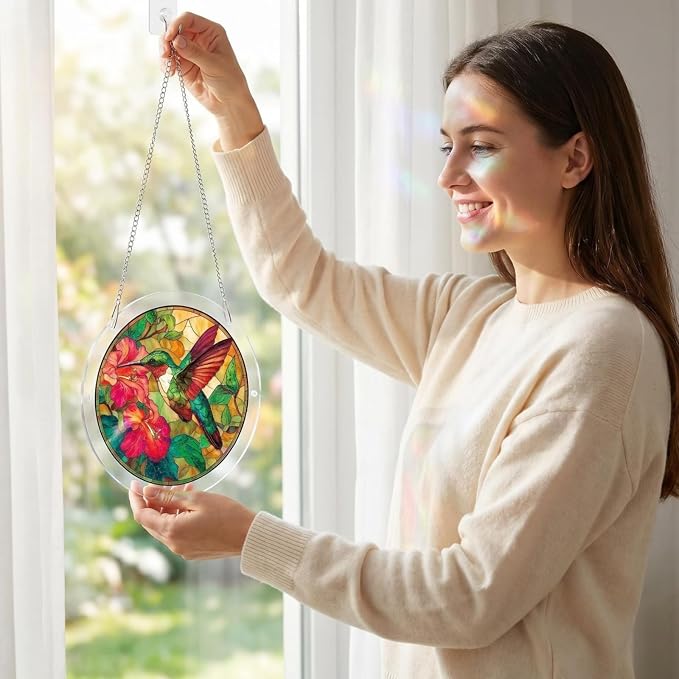 Acrylic Puzzle Suncatcher, Stained Glass Suncatcher Window Hanging, DIY Sun Catcher Kits for Adults, Home Decor Gift for Women, Friends 7.4in (Hummingbird)