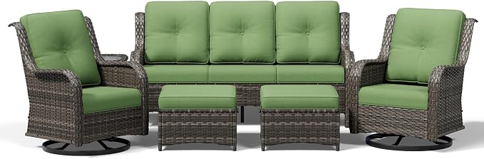 Joyside 6 Piece Wicker Patio Furniture Set, Outdoor Swivel Rocker Patio Chairs with High Back, Deep Seating, Wide Armrest, Thickened Cushions, Outdoor Furniture for Deck, Porch Use