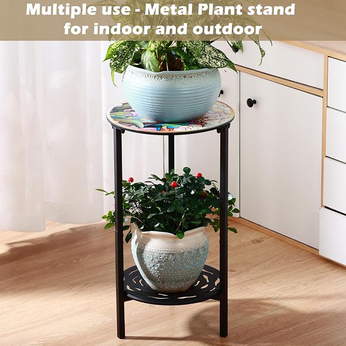 2 Packs Two-Tier Metal Round Side Table Set of Two Black Accent Coffee Tables Small Space Corner Plant Stand Shelf for Indoor Outdoor Use Patio Balcony End Table Weather-Resistant