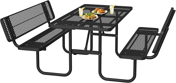 Outdoor Picnic Table with Umbrella Hole - Coated Steel Heavy Duty Commercial Grade Dining Table with Back Seat,Commercial Metal Picnic Table, Heavy Duty Rectangular Furniture Set for Life