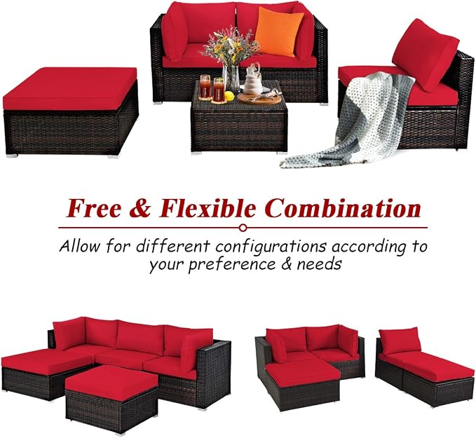 COSTWAY 5-Piece Outdoor Patio Furniture Set, PE Rattan Sectional Conversation Set with Cushions and 2 Ottomans for Garden, Deck, Backyard (Red)