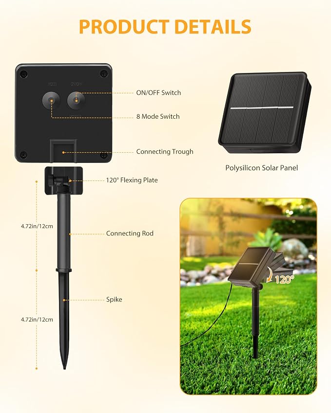 Brightown Solar String Light for Outside, 46Ft 120 LED Solar Lights Outdoor Waterproof, Solar String Lights Outdoor with 8 Modes, for Outside Garden Tree Party Decor(Warm White)