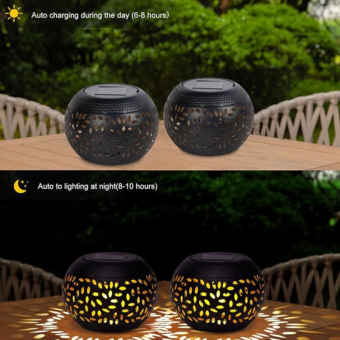 Solar Table Light Outdoor Waterproof Decorative 2pack Solar Table Lantern | Hollowed-Out Black Metal Desktop Decorative Lamp for Women Mother's Day, Outside Garden Yard Patio & Indoor Tabletop Decor