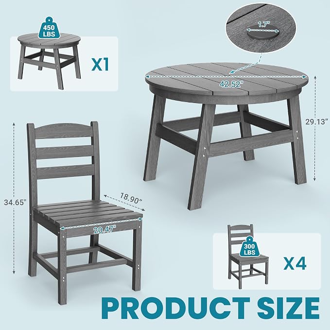 5 Piece Round Outdoor Dining Set, Relaxing HDPE Outdoor Table and Chairs with 105° Ergonomic Backrest, All-Weather Patio Table and Chairs Set with Umbrella Hole for Porch, Poolside, Gray