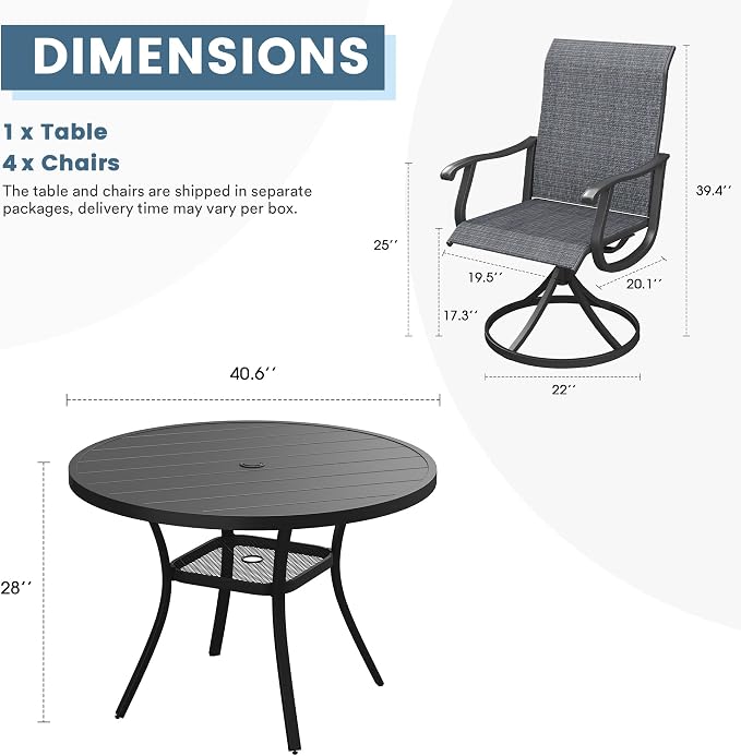 DIFY Outdoor Dining Set for 4, 5 Piece Patio Table and Chairs Set, Swivel Patio Dining Chairs with Dark Grey Textilene & 40.6" Black Round Metal Dining Table with Umbrella Hole, for Garden Backyard