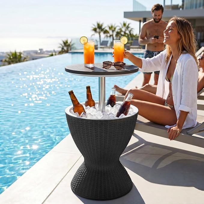 Outdoor Side Table, Cooler Bar Table, Weather Resistant Patio End Tables, Patio Furniture for Garden, Porch, Pool, Lawn, Backyard or Indoor (Black)