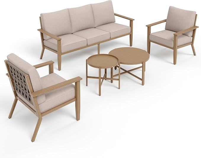 MIXPATIO 5-Piece Outdoor Patio Furniture Set, Steel Sectional Patio Conversation Sets, All-Weather Outdoor Furniture Sets with Waterproof Thick Cushions for Porch, Garden, Backyard, Deck-Beige