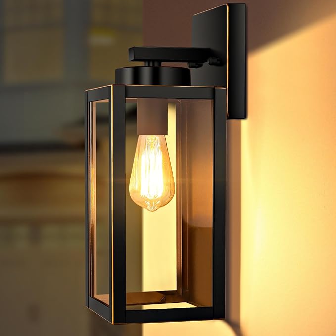 BesLowe Outdoor Wall Light, Modern Porch Sconce, Black with Gold Trim | Waterproof, Rust-Resistant, Durable Metal with Clear Glass, Standard E26 Socket, Easy to Install