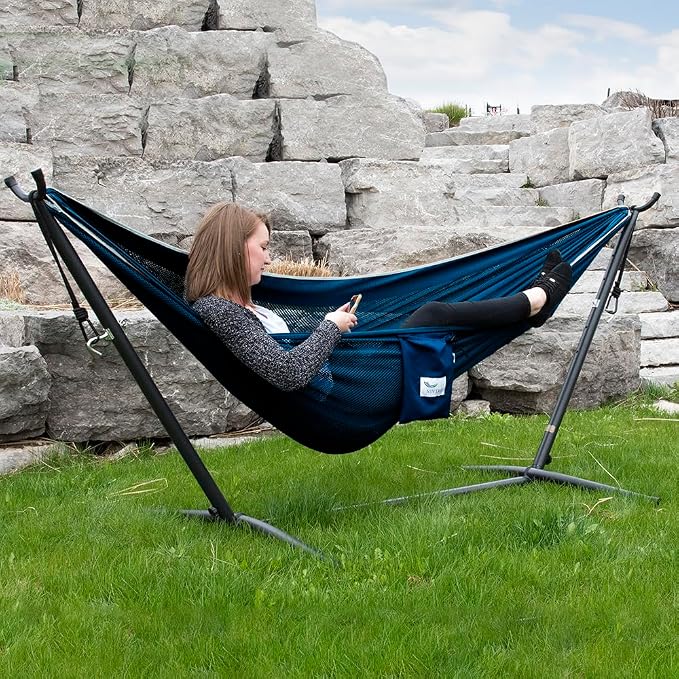 Vivere C9MESH-42 Hammock with Stand, Navy and Turquoise