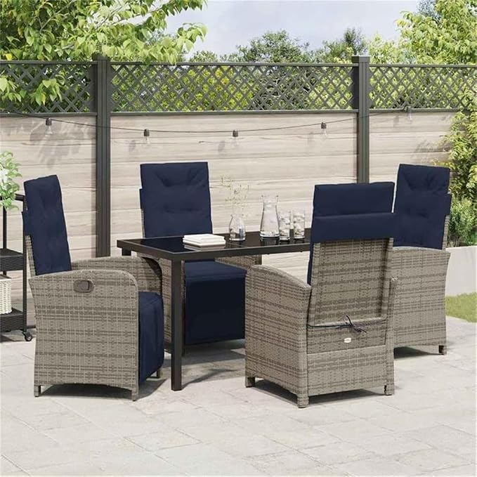 Afuera Living 5 Piece Poly Rattan Garden Dining Set, Gray Finish, Glass-Topped Table, Cushioned Seats, Adjustable Backrests, Steel Frames, Modern Patio Furniture for Outdoor Dining and Relaxation