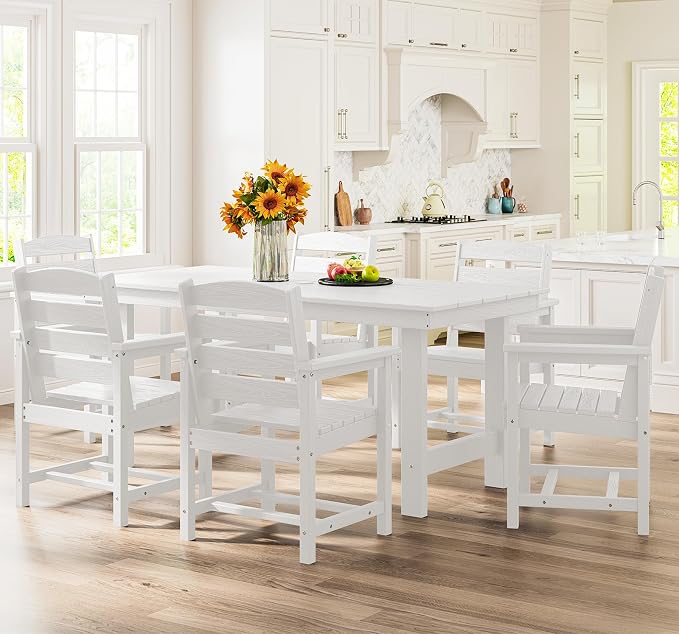 SERWALL 7 Pcs Outdoor Dining Set, 1 Umbrella Hole Table & 6 Chairs, White | HDPE Outdoor Dining Furniture with Rectangular Table & 6 Chairs, All-Weather Resistant SERWALL Dining Set for 6
