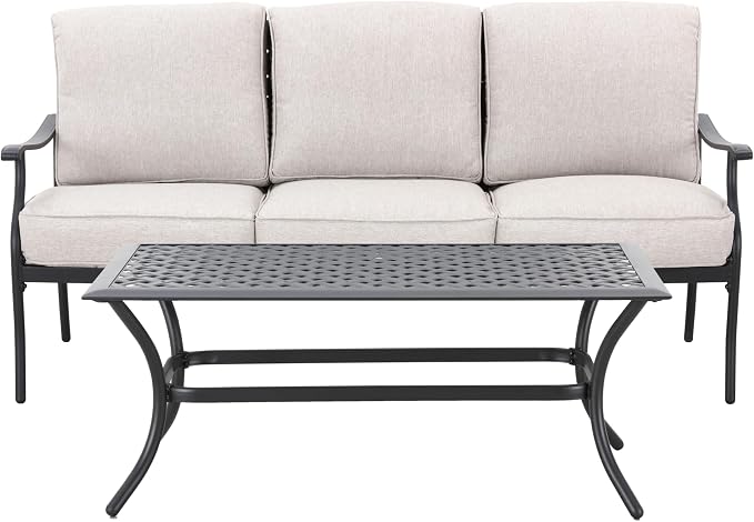 LOKATSE HOME 3 Seat Metal Patio Loveseat Bench Outdoor Furniture Bistro Set with Coffee Table for Lawn Front Porch Garden Yard or Poolside, Beige