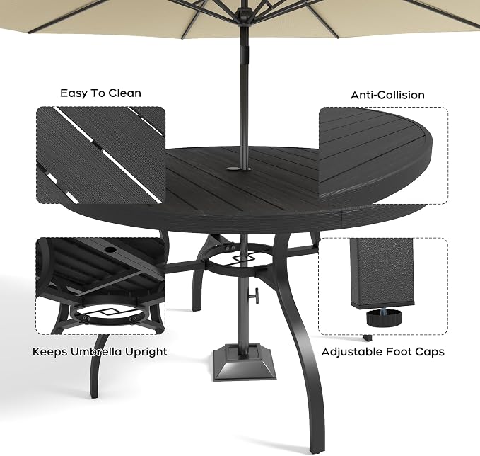 47” Patio Outdoor Dining Table, Wood-Grain Patio Round Table with Umbrella Hole, All-Weather Metal Dining Table for Party, Lawn & Garden