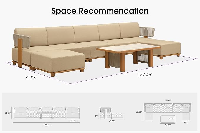 PURPLE LEAF Patio Furniture Set Modular U-Shaped Outdoor Sectional Sofa with 11" Thick Cushion 8-Piece Outdoor Conversation Set w/Ottomans & Coffee Lights for Backyard Poolside Table Included, Beige