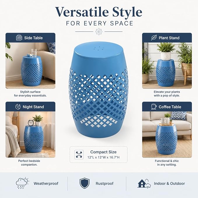 12" Outdoor Side Table, Decorative Cutout Metal Round Side Table, Multi Functional - Coffee Table, Night Stand, Plant Stand for Patio, Garden, Backyard, Gazebo Indoor (Blue)