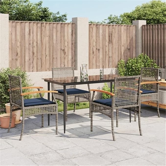 BOWERY HILL Contemporary 5 Piece Poly Rattan Patio Dining Set, Powder-Coated Metal Frame, Black Finish, UV-Resistant Cushions, Tempered Glass Tabletop, Outdoor Garden and Terrace Dining Use