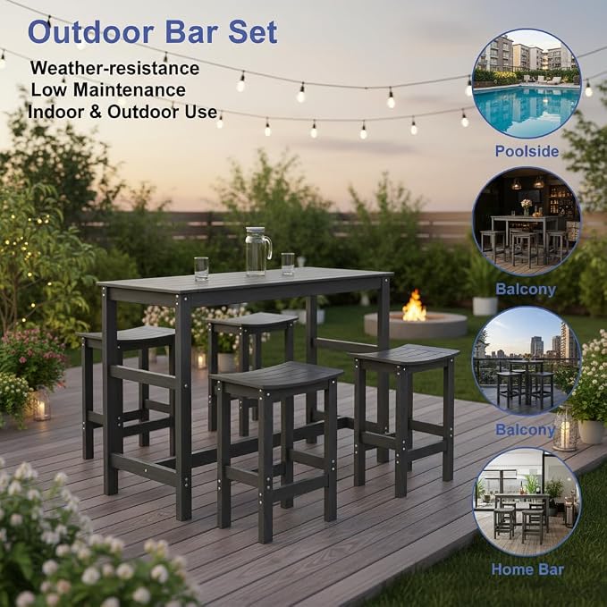 5Pcs Poly Lumber Outdoor Patio Bar Set, All Weather HIPS Bar Table and Chairs Set for Outside, 55" Rectangular High Top Bar Table with 4 Bar Stools for Patio, Poolside, Balcony, Hot Tub, Blue