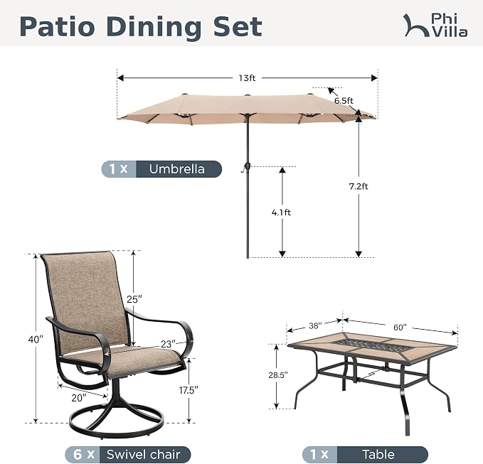 PHI VILLA 8 Pc Outdoor Dining Set with 13ft Umbrella, Swivel Mesh Chairs | 60'' wood-look rectangular table, 6 brown patio textilene chairs and 13ft beige umbrella(NO BASE) for deck, garden, backyard